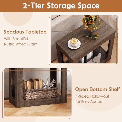 GOFLAME Narrow End Table Set of 2, Farmhouse Wood Sofa Side Table 2-Tier with Storage Shelf, Arched Rustic Small Accent Tables, Rectangular Compact Night Stand for Living Room, Bedroom, Brown - color: Brown