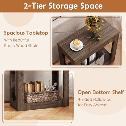 GOFLAME Narrow End Table Set of 2, Farmhouse Wood Sofa Side Table 2-Tier with Storage Shelf, Arched Rustic Small Accent Tables, Rectangular Compact Night Stand for Living Room, Bedroom, Brown - color: Brown