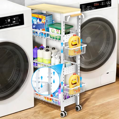 7.8 Inch Ultra-Slim 4-Tier Rolling Storage Cart with Adjustable Shelves - Lockable Wheels & Wooden Top for Narrow Spaces Between Washer/Dryer, Bathroom, Kitchen Organization (White) - color: White
