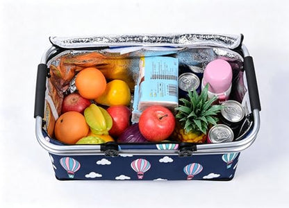 Upgrade Shopping Bag Picnic Basket 2 Layers of Internal Pockets Leak-Proof Insulated Cooler Bag Bag Collapsible Shopping Basket Folding Grocery Basket Bag for Picnic Travel(Black Balloon) - color: Black Balloon