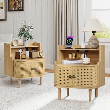 Storage End Table with 2 Door Set of 2, Bed Side Table with Charging Station, Metal Rattan Nightstand for Bedroom, Desk Side Table for Living Room Couch Sofa, Office, Small Spaces - Natural - size: Door Natural-set