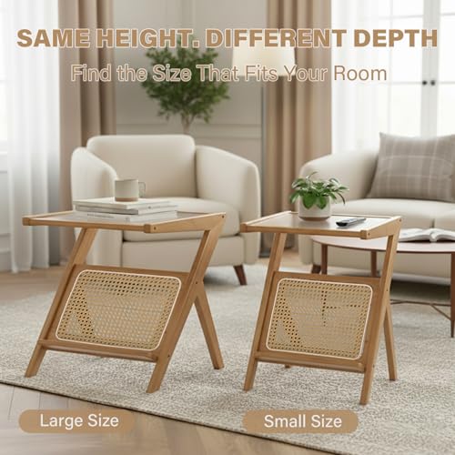 Tiita Rattan Side Table, Mid Century Nightstand, Bamboo Accent Bedside Tables, Glass Coffee Tables, Boho Wooden End Table with Storage for Small Space, Living Room and Bedroom - color: Rattan-s-wood
