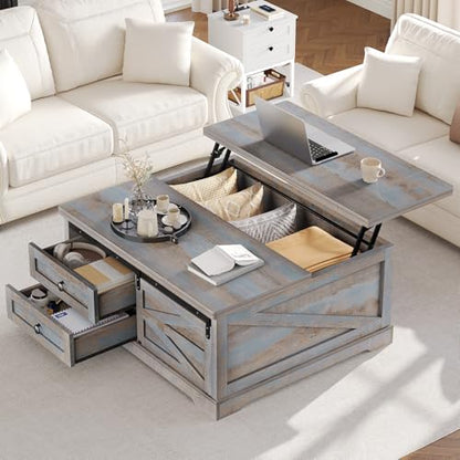 Itaar 39.4'' Lift Top Coffee Table with Storage, Farmhouse Coffee Tables for Living Room, Square Coffee Table with Large Hodden Compartment & 2 Drawrs & Adjustables Shelves (Blue) - color: Blue