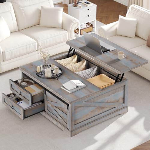Itaar 39.4'' Lift Top Coffee Table with Storage, Farmhouse Coffee Tables for Living Room, Square Coffee Table with Large Hodden Compartment & 2 Drawrs & Adjustables Shelves (Blue) - color: Blue