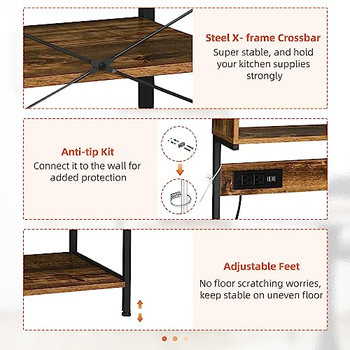HOMCOM Kitchen Bakers Rack with Storage, Power Outlet, Rustic Brown | USB Charger, Microwave Stand, Coffee Bar with Adjustable Shelves, 5 Hooks