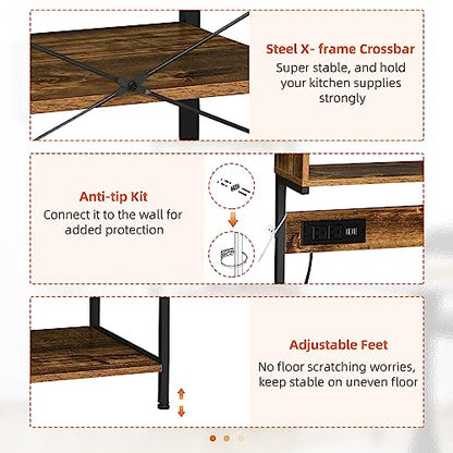 HOMCOM Kitchen Bakers Rack with Storage, Power Outlet, Rustic Brown | USB Charger, Microwave Stand, Coffee Bar with Adjustable Shelves, 5 Hooks