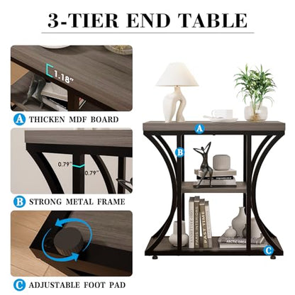 3-Tier End Table, Grey Nightstand with Storage Shelves, Narrow Side Table for Living Room, Bedroom, Small Spaces – Wood and Metal Accent Table (1, Grey) - color: Grey