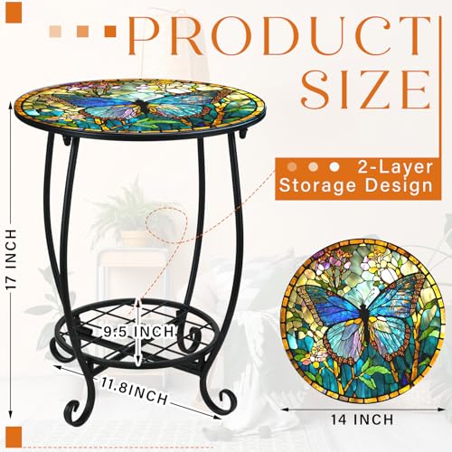 Cinnvoice Outdoor Side Table Round Small Mosaic Patio Accent Indoor End Plant Coffee Tea Table for Yard Patio Porch Garden Living Room, Bedroom(Butterfly Style,14 Inch) - size: 14 Inch, style: Butterfly Style