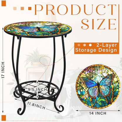 Cinnvoice Outdoor Side Table Round Small Mosaic Patio Accent Indoor End Plant Coffee Tea Table for Yard Patio Porch Garden Living Room, Bedroom(Butterfly Style,14 Inch) - size: 14 Inch, style: Butterfly Style