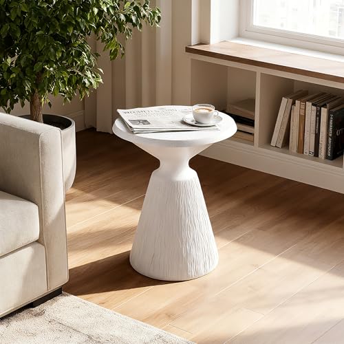 Aqua Grey Textured Pedestal Side Table, Modern Round Speckled Accent End Table with Vertical Grain Conical Base, Small Drink Nightstand for Living Room Bedroom Small Home Decor