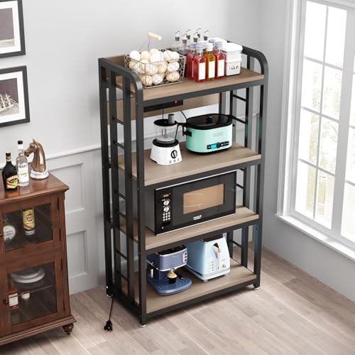 SIREDEEP Bakers Rack with Power Outlet ，4-Tier Kitchen Baker's Rack,Microwave Stand with Storage Suitable for Kitchen,Microwave Cart, Living Room, Dinning Room，Coffee Bar(Grey) - color: Grey