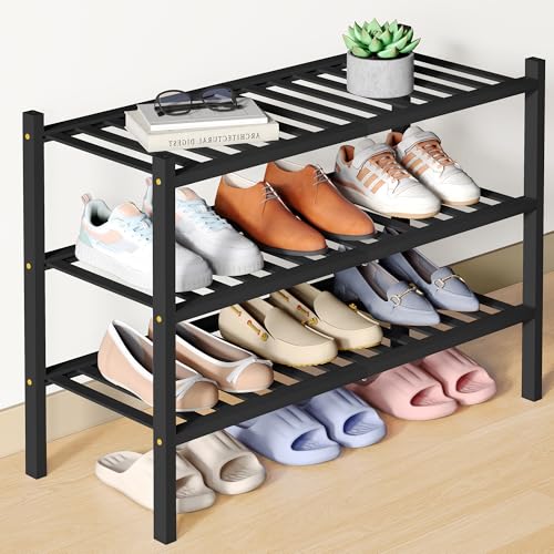 Smiry Bamboo Shoe Rack for Closet, 3 Tier Wooden Shoe Organizer, Stackable Wood Shoe Storage Shelf for Entryway, 14 Vertical Slats, One-piece Heavy-Duty Legs, 26.77"x11.02"x18.31", Black - color: Black, size: 3 Tier - Medium