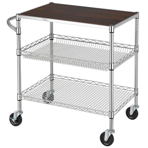 Finnhomy 3 Tier Heavy Duty Commercial Grade Utility Cart with Wood Top, Wire Rolling Cart with Wheels and Handle Bar, Kitchen Carts on Wheels, Metal Cart with 600 LBS Capacity, Chrome - style: 30“L Chrome