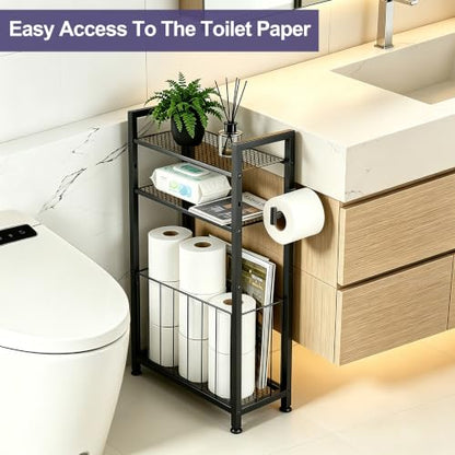 Free Standing Toilet Paper Holder with Shelf, Adjustable Feet Bathroom Toilet Paper Holder Stand for Narrow Space, Roll Dispenser Tissue Holder, Holds Multiple Rolls and Keeps Paper Dry and Clean - color: Black