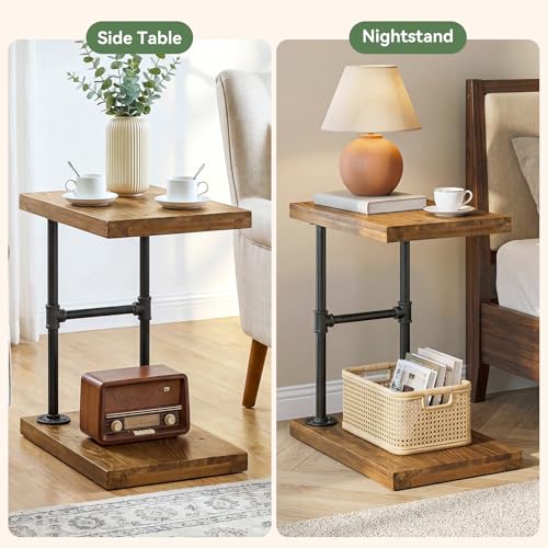 C Shaped Solid Wood Nightstand, Narrow Bedside Table with Shelf for Small Bedroom, Industrial Rustic Bed Side Table for Low Beds, Laptop Desk for Bed, Black Metal Frame (2, Brown)