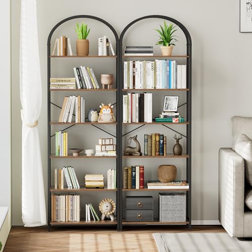 Homhedy 6-Tier Arched Bookshelf, Display Racks, Tall Book Shelf, 73.6" H | Wood and Metal Bookcase, Industrial Display Standing Shelf Unit, for Home, Office, Living Room, Bedroom, Rustic Brown - size: 6 Tier -23.6"W
