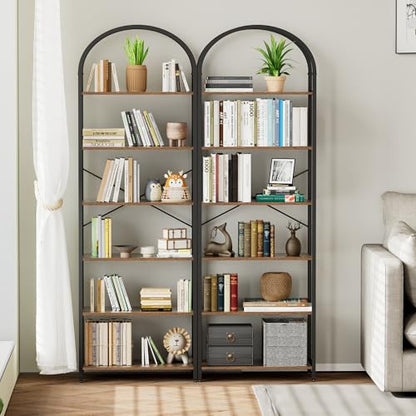 Homhedy 6-Tier Arched Bookshelf, Display Racks, Tall Book Shelf, 73.6" H | Wood and Metal Bookcase, Industrial Display Standing Shelf Unit, for Home, Office, Living Room, Bedroom, Rustic Brown - size: 6 Tier -23.6"W