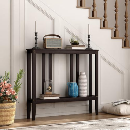 ELYKEN Bamboo 2-Tier Narrow Console Table, 36.2" Long Slim Hallway Table | Sofa Table Behind Couch with Storage Shelf for Entryway, Living Room, Foyer - color: Brown
