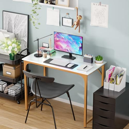 Dkelincs 40 Inch Small Computer Desk Home Office Desk Writing Desk Modern Simple Style Study Work Table with Metal Frame, Easy Assembly, Adjustable Feet, Water-Resistant, Scratchproof Surface, Gold - color: Gold, size: 40 Inch