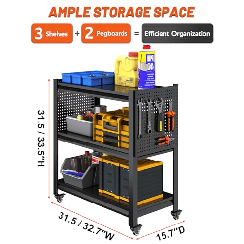 3 Tier Tool Cart on Wheels, Heavy Duty Metal Service Cart with Pegboards, 660 LBS Load Capacity Tool Utility Cart, Industrial Utility for Garage, Warehouse, Workshop - size: 13.8"D x 32.7"W x 33.5"H