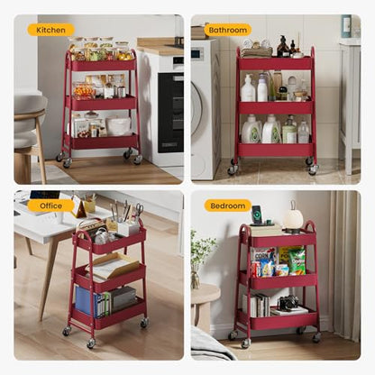 DUMOS 3 Tiers Metal Rolling Utility Cart with Lockable Wheels, Mobile Storage Organizer, Utility Shelving Unit for Kitchen, Office, Bathroom, Laundry, Narrow Places, Red - color: 3 Tiers Red