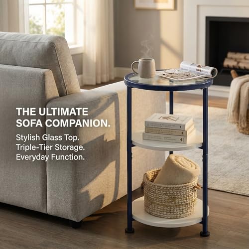 Modern 3-Tier Round Side Table with Glass Top, Small End Table for Small Spaces, 22" High Bedside Table with White Shelves and Navy Blue Frame, Stylish Metal Nightstand for Living Room Bedroom - color: White + Navy Blue