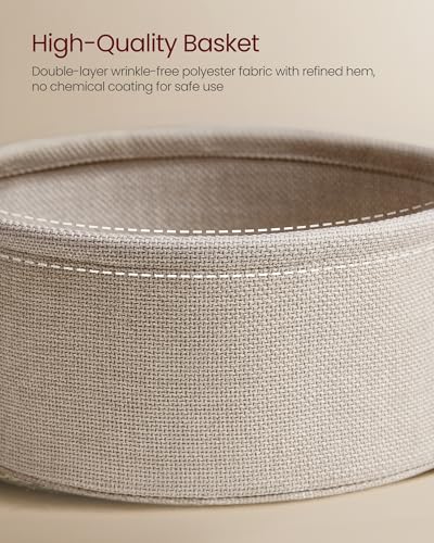 VASAGLE LILEA Collection - Small Round Side End Table, Modern Nightstand with Fabric Basket, Matte White and Camel Brown ULET223W10
