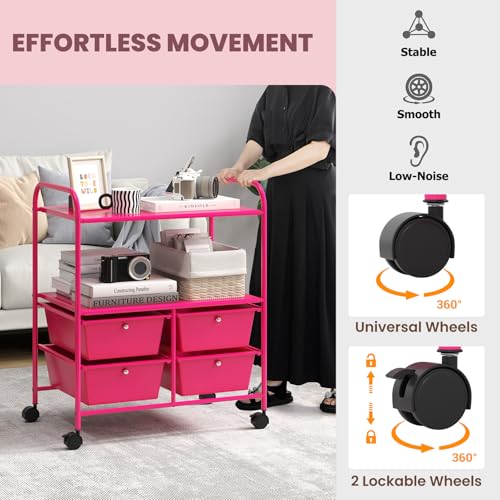 RELAX4LIFE Rolling Storage Cart with 4 Drawers - Utility Cart on Wheels w/2 Shelves & Metal Frame, Paper Scrapbook File Organizer for Home Office School Classroom, Movable Art Craft Cart (Pink) - color: Pink