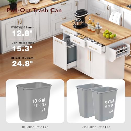 60" Kitchen Island with Trash Can Storage Cabinet and Power Outlet | Rolling Kitchen Cart on Wheels with Rubber Wood Drop Leaf Top, Spice Rack, Towel Rack and Adjustable Shelf, White - color: White