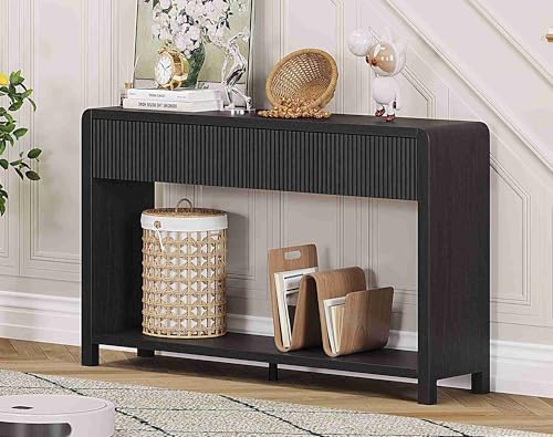 FATORRI Console Table for Entryway, 47.2 inch Modern Sofa Table with 2 Drawers for Living Room, Wood Hallway Tables and Couch Tables Behind Sofa, Black - color: Black