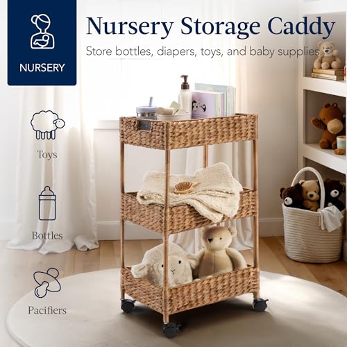 Best Choice Products 3-Tier Water Hyacinth Rolling Nursery Caddy w/Wheels, Utility Cart, Storage Organization for Bathroom, Craft Room, Laundry Room - Chestnut - color: Chestnut