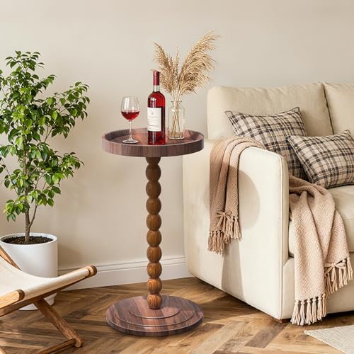 XNSDXV Round Side Table with Solid Wood Leg, Small Drink Table for Small Spaces, Martini Table with Raised Edge, Pedestal Side Table for Living Room, Bedroom,Sofa and Couch (Walnut Brown) - color: Walnut Brown