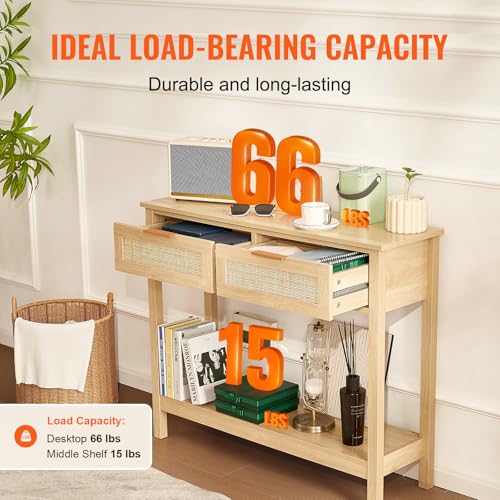 VEVOR Rattan Console Table with 2 Storage Drawers, Rattan Entryway Table with Natural Rattan Sliding Door, Console Sofa Table for Living Room, Study, Entryway Or TV Wall, Natural - size: 2 Drawers-Rectangular