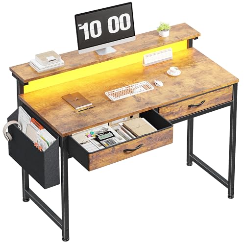 Gaming Desk with LED Lights & 2 Fabric Drawers, 39.4Inch Home Office Computer Desk with Side Pocket & Ergonomic Monitor Stand, Small Space Study Writing Table with Anti-Tip Design, Rustic Brown - color: Brown, size: 39.4 Inch