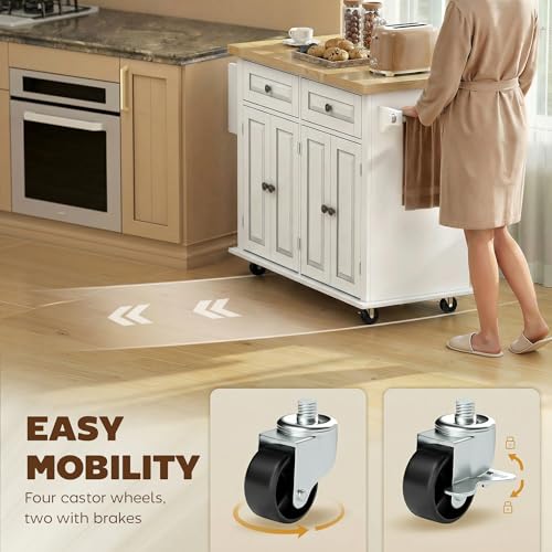 HOMCOM Kitchen Island Cart with Solid Wood Top, 44" Mobile Kitchen Island Table on Wheels with Storage Cabinets, 2 Drawers, Adjustable Shelves, Spice Rack & Towel Bar for Dining Room, White - color: White