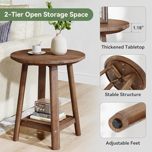 Solid Wood Side Table, 2-Tier Small Round End Table with Storage Shelf, Farmhouse Nightstand for Small Spaces, Living Room, Bedroom, Walnut