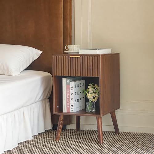 Fultyle Walnut Nightstand, Modern Night Stand with Fluted Drawer and Open Storage, Wooden Bedside Table with Solid Wood Legs for Bedroom, Living Room, Office (Walnut Brown) - color: Walnut Brown