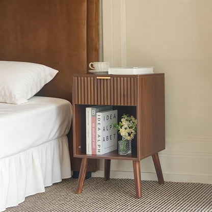 Fultyle Walnut Nightstand, Modern Night Stand with Fluted Drawer and Open Storage, Wooden Bedside Table with Solid Wood Legs for Bedroom, Living Room, Office (Walnut Brown) - color: Walnut Brown