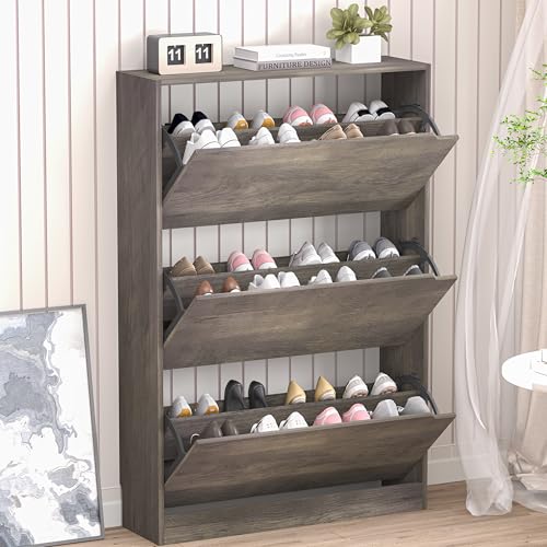 BORNOON Shoe Cabinet with 3 Flip Drawers, Hidden Wood Shoe Cabinet,Freestanding Shoe Storage Cabinet for Entryway Hallway - color: Grey, size: 3 Drawers