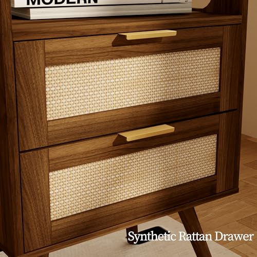 JOONEE Rattan Nightstand,Farmhouse Bedside Table with 2 Storage Drawer and Open Wood Shelf, for Bedroom and Small Spaces,Night Stand with Solid Wood Legs (Walnut Brown) - color: Walnut Brown