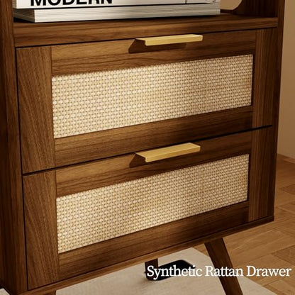 JOONEE Rattan Nightstand with Charging Station,Farmhouse Bedside Table with 2 Storage Drawer and Open Wood Shelf, for Bedroom and Small Spaces,Night Stand with Solid Wood Legs (Walnut Brown-Outlet) - color: Walnut Brown-outlet