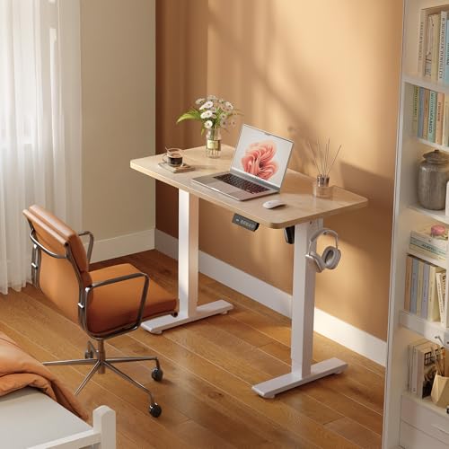 Cubiker Standing Desk, 32" Small Sit Stand Home Office Desk, Electric Stand up Desk, Adjustable Desk with Splice Board, White Frame/Maple Top - color: Maple, size: 32x19