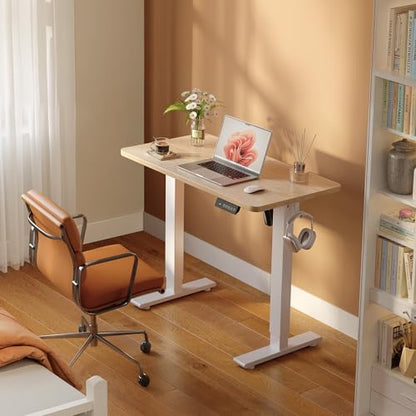 Cubiker Standing Desk, 32" Small Sit Stand Home Office Desk, Electric Stand up Desk, Adjustable Desk with Splice Board, White Frame/Maple Top - color: Maple, size: 32x19