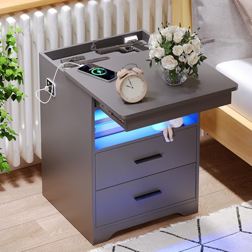 LED Night Stand with Gun Drawer, Bedside Table with Charger Station & Human Sensor Light, Modern End Table with Drawers for Bedroom Office, Grey - color: Dark Grey