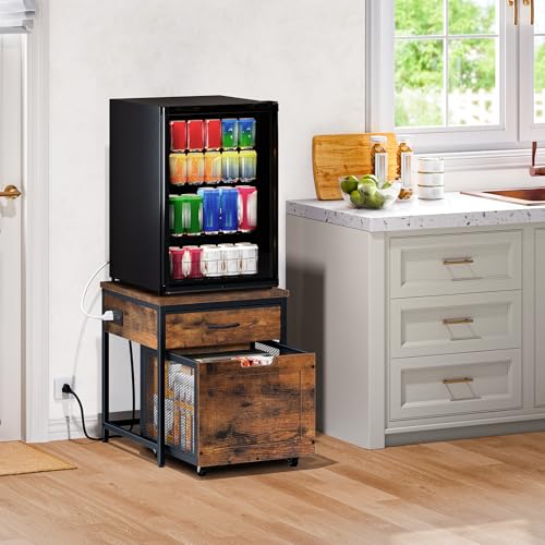 CHOEZON Mini Fridge Stand with Power Outlet, Large Side Table with 2AC and 2 USB Ports, Mobile Beverage Cart with Fabric Drawer for Dorm, Kitchen, Living Room, Rustic Brown and Black TBZ56UBF