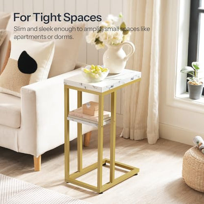 HOOBRO Foldable C Shaped End Table, C Shaped Side Table with Storage Shelf, Small Snack Table, Slide Under Couch Table for Sofa, Living Room Bedroom Small Spaces Easy Assembly, Gold DM29SF01 - color: Marble + Gold