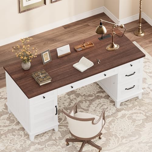 Garvee 60" Wooden Home Office Desk with File Drawers, Executive Desk with Adjustable Cabinet, Farmhouse Wood Desk with Power Outlet, Distressed Study and Work Table, Rustic White - color: Rustic White, size: 60" W