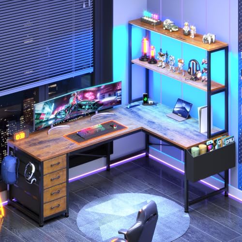 SEDETA L Shaped Gaming Desk, 51.2" Reversible Small Corner Desk with 4 Drawer, Power Outlet & LED Lights, Home Office Desk with Storage Shelves for Small Space, Rustic Brown - color: Rustic Brown