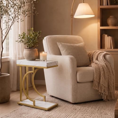 Tribesigns C Shaped Modern End Table for Coach with Metal Frame | Faux Marble Grain, Small Side Table for Living Room, Nightstand for Bedroom, White&Gold - color: White&gold