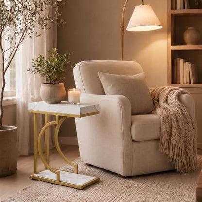 Tribesigns C Shaped Modern End Table for Coach with Metal Frame | Faux Marble Grain, Small Side Table for Living Room, Nightstand for Bedroom, White&Gold - color: White&gold